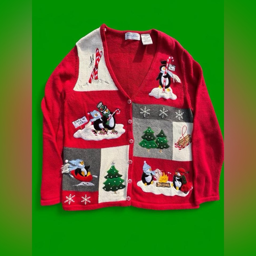 Vintage White Stag Penguin Christmas Cardigan
